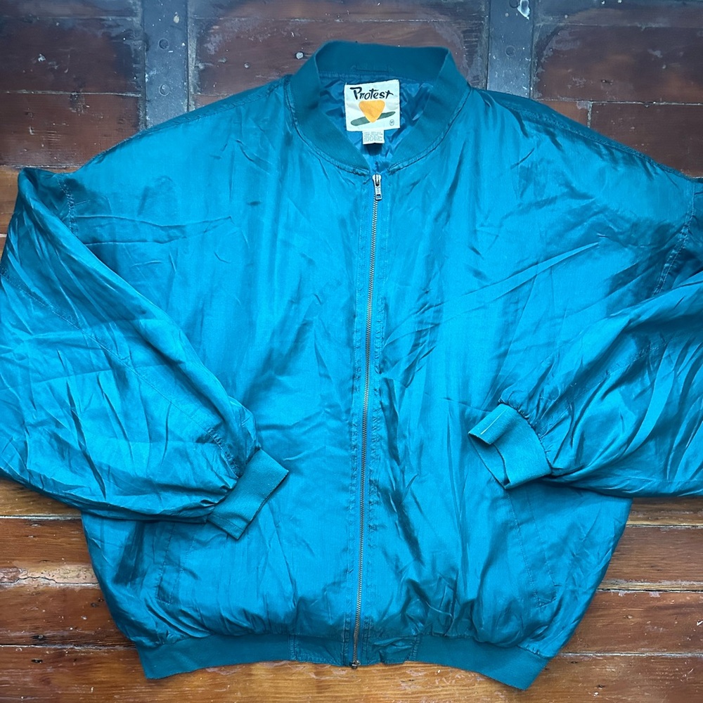 Vintage Teal zip up silk Jacket